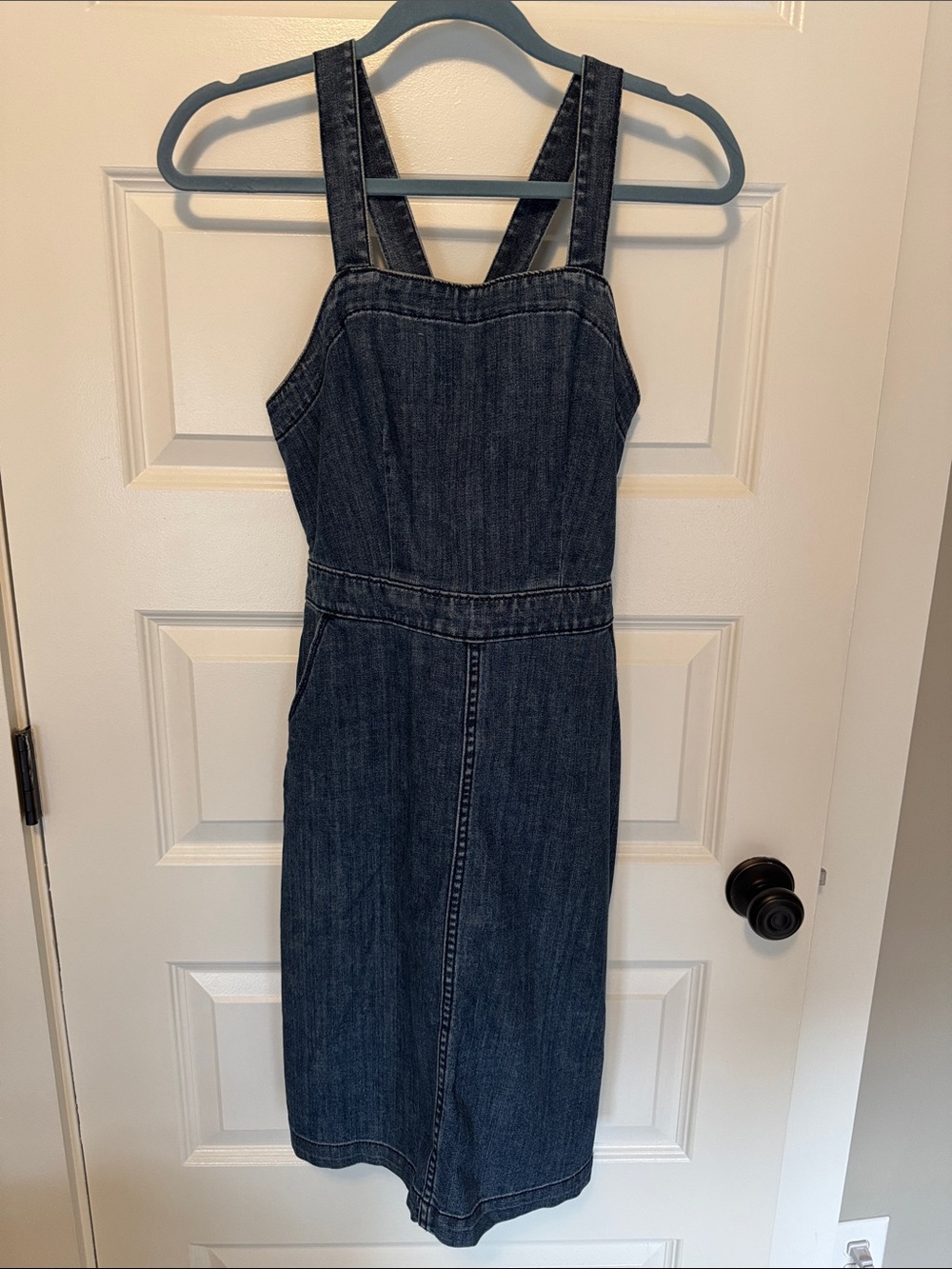 Denim Pinafore Midi Dress - Dark Blue - Picture 2 of 6